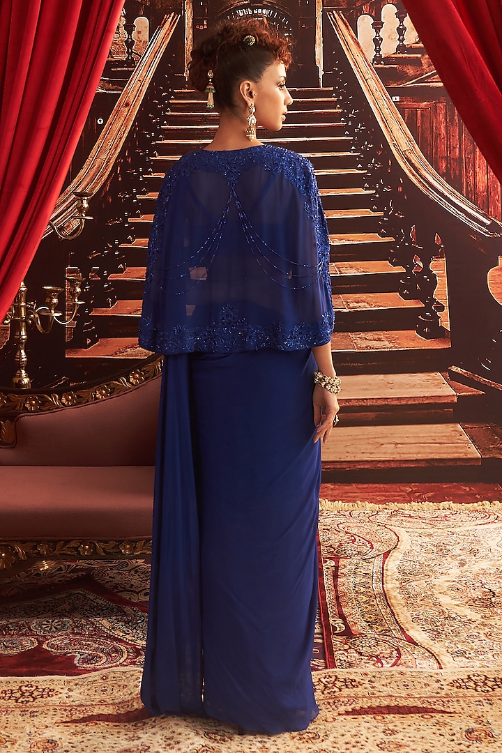 Electric Blue Georgette Aari Embroidered Pre-Draped Jacket Wedding Saree Set by Seema Thukral at Pernia's Pop Up Shop