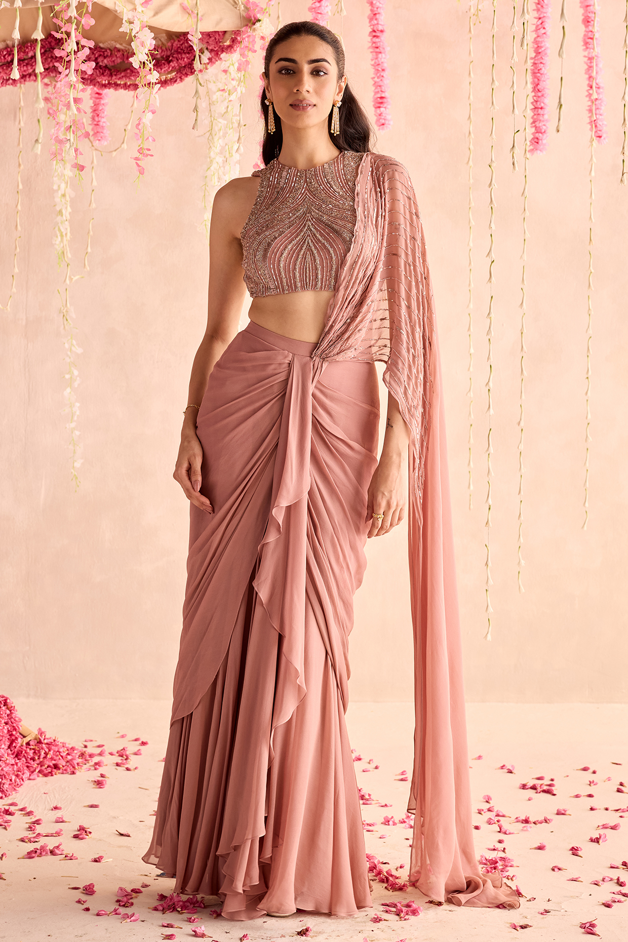 Champagne Georgette Embellished Pre-Draped Wedding Saree Set by Seema Thukral at Pernia's Pop Up Shop