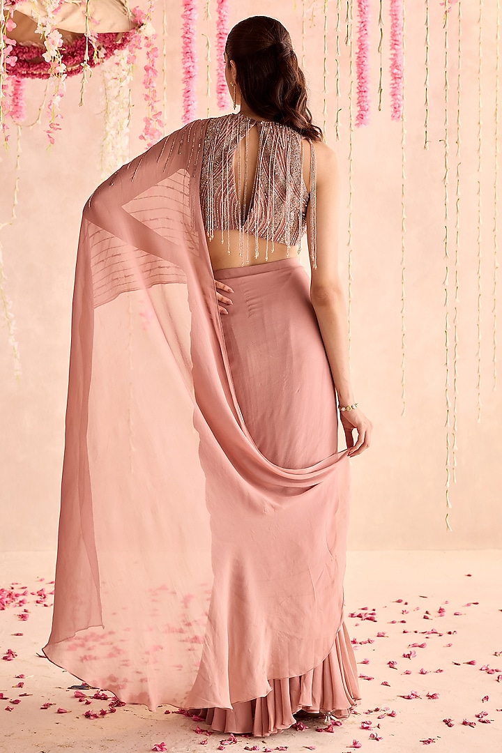 Champagne Georgette Embellished Pre-Draped Wedding Saree Set by Seema Thukral at Pernia's Pop Up Shop