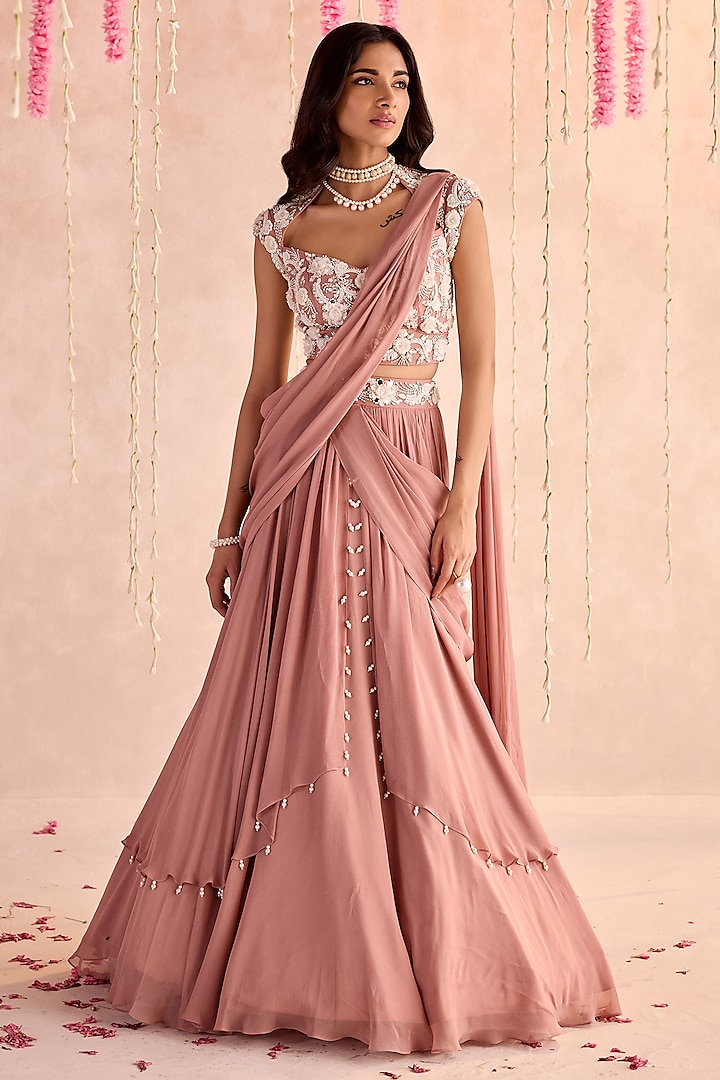 Champagne Georgette Hand Embellished Wedding Lehenga Set by Seema Thukral at Pernia's Pop Up Shop
