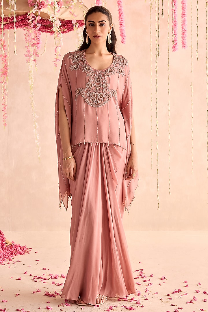Champagne Georgette Draped Skirt Set by Seema Thukral at Pernia's Pop Up Shop
