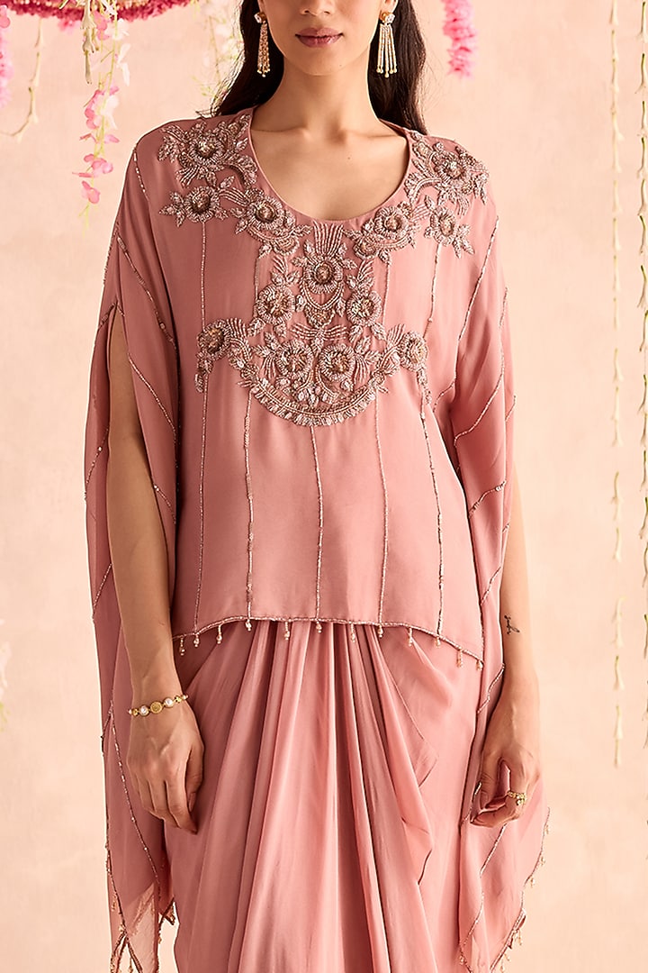 Champagne Georgette Draped Skirt Set by Seema Thukral at Pernia's Pop Up Shop