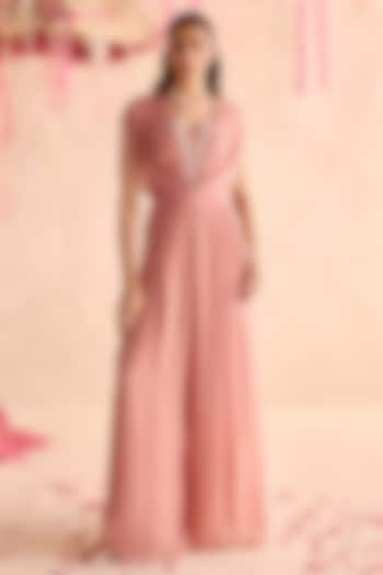 Champagne Georgette Hand Embellished Pleated Jumpsuit by Seema Thukral at Pernia's Pop Up Shop