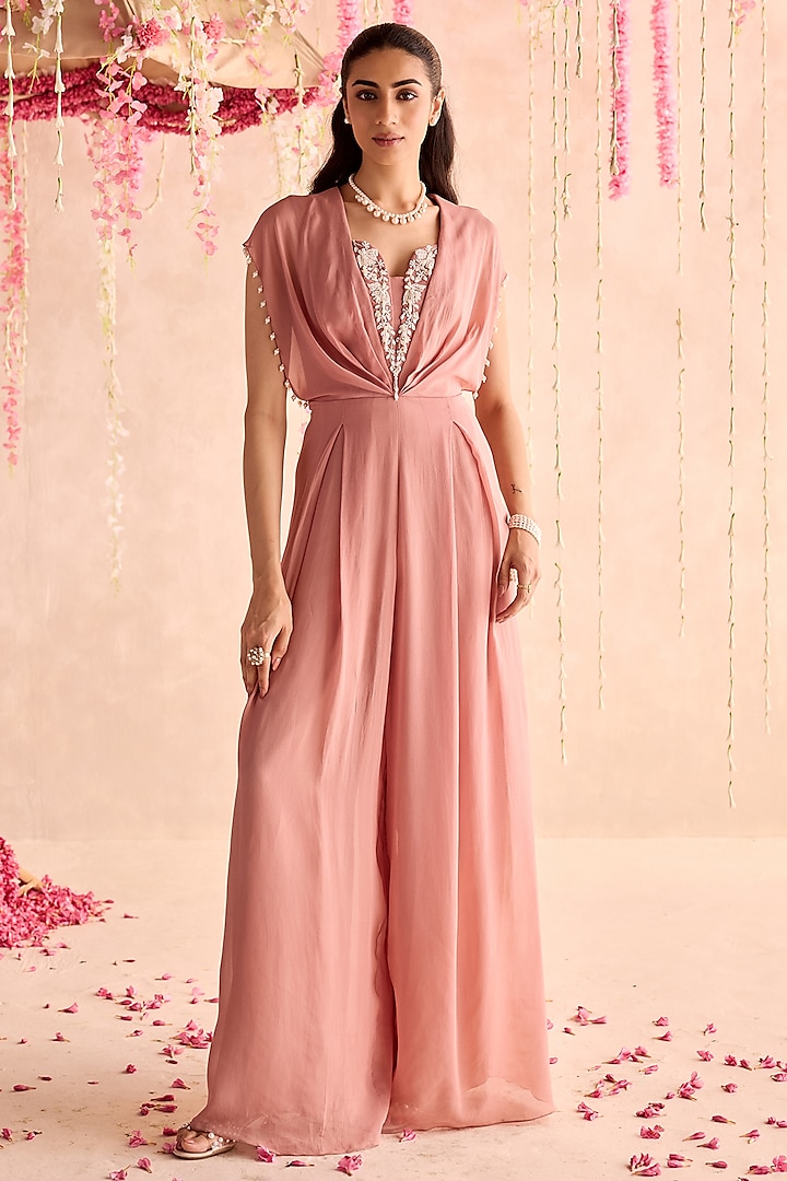 Champagne Georgette Hand Embellished Pleated Jumpsuit by Seema Thukral at Pernia's Pop Up Shop
