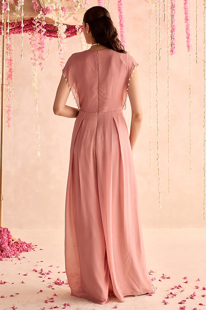 Champagne Georgette Hand Embellished Pleated Jumpsuit by Seema Thukral at Pernia's Pop Up Shop