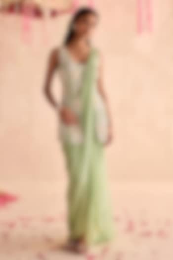Mint Green Georgette Pre-Stitched Wedding Saree Set by Seema Thukral at Pernia's Pop Up Shop