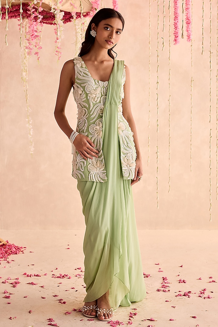 Mint Green Georgette Pre-Stitched Wedding Saree Set by Seema Thukral at Pernia's Pop Up Shop