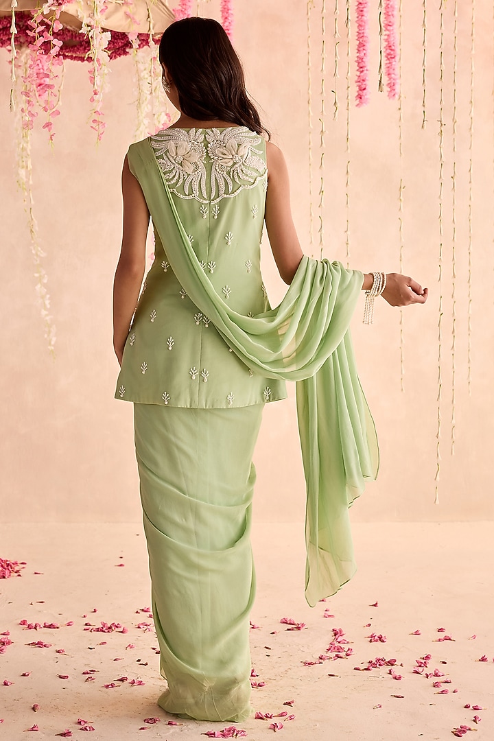 Mint Green Georgette Pre-Stitched Wedding Saree Set by Seema Thukral at Pernia's Pop Up Shop