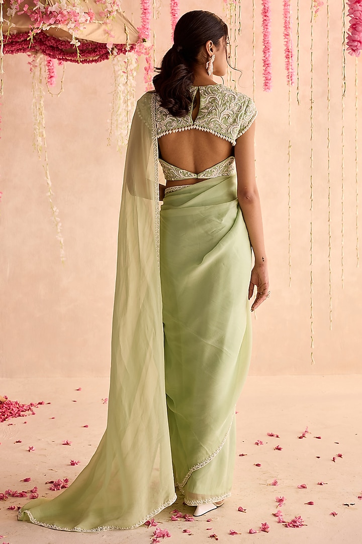 Mint Green Organza Embellished Pre-Stitched Wedding Saree Set by Seema Thukral at Pernia's Pop Up Shop