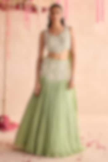 Mint Green Chiffon Hand Embellished Wedding Lehenga Set by Seema Thukral at Pernia's Pop Up Shop