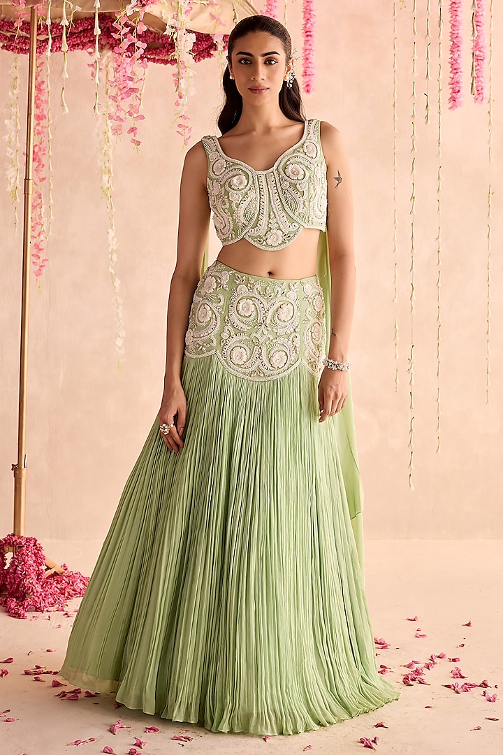 Mint Green Chiffon Hand Embellished Wedding Lehenga Set by Seema Thukral at Pernia's Pop Up Shop