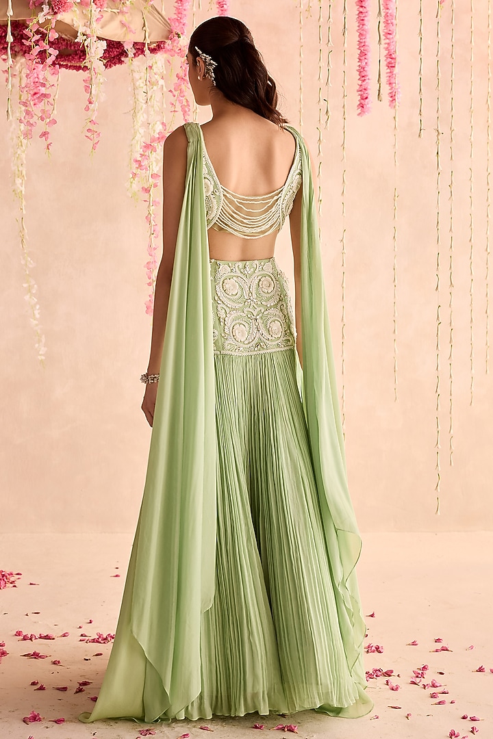 Mint Green Chiffon Hand Embellished Wedding Lehenga Set by Seema Thukral at Pernia's Pop Up Shop