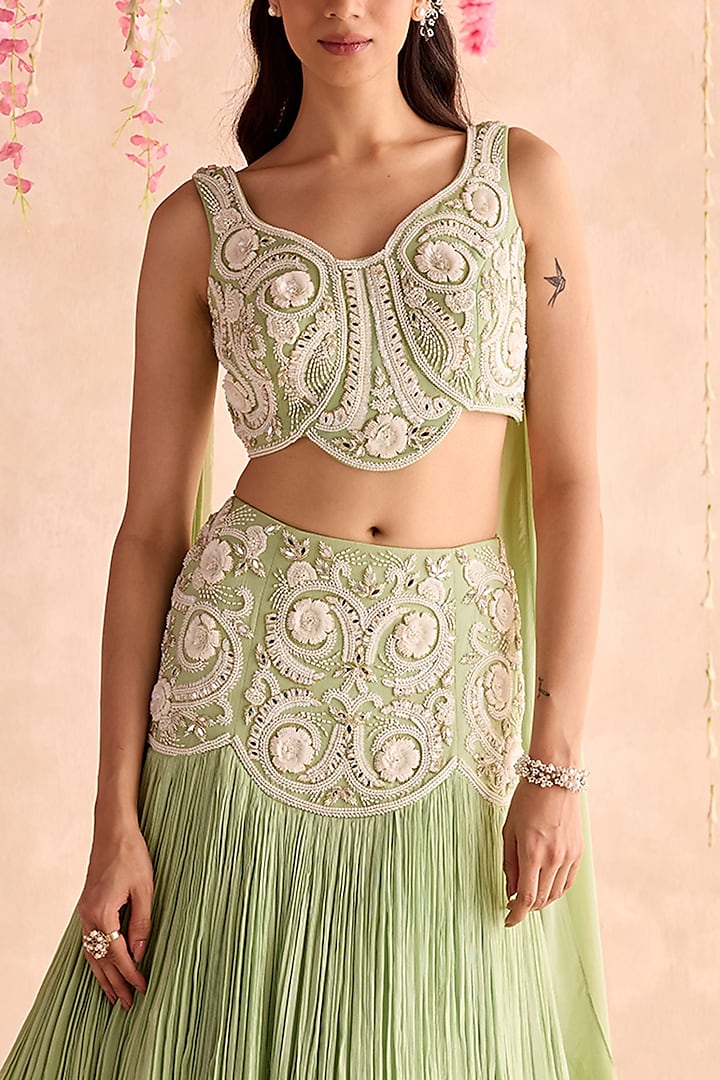 Mint Green Chiffon Hand Embellished Wedding Lehenga Set by Seema Thukral at Pernia's Pop Up Shop