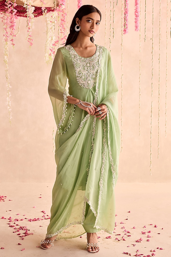 Mint Green Organza Hand & Machine Embellished Kurta Set by Seema Thukral at Pernia's Pop Up Shop