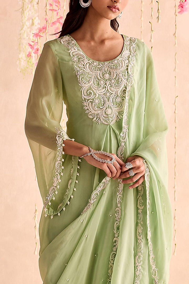 Mint Green Organza Hand & Machine Embellished Kurta Set by Seema Thukral at Pernia's Pop Up Shop