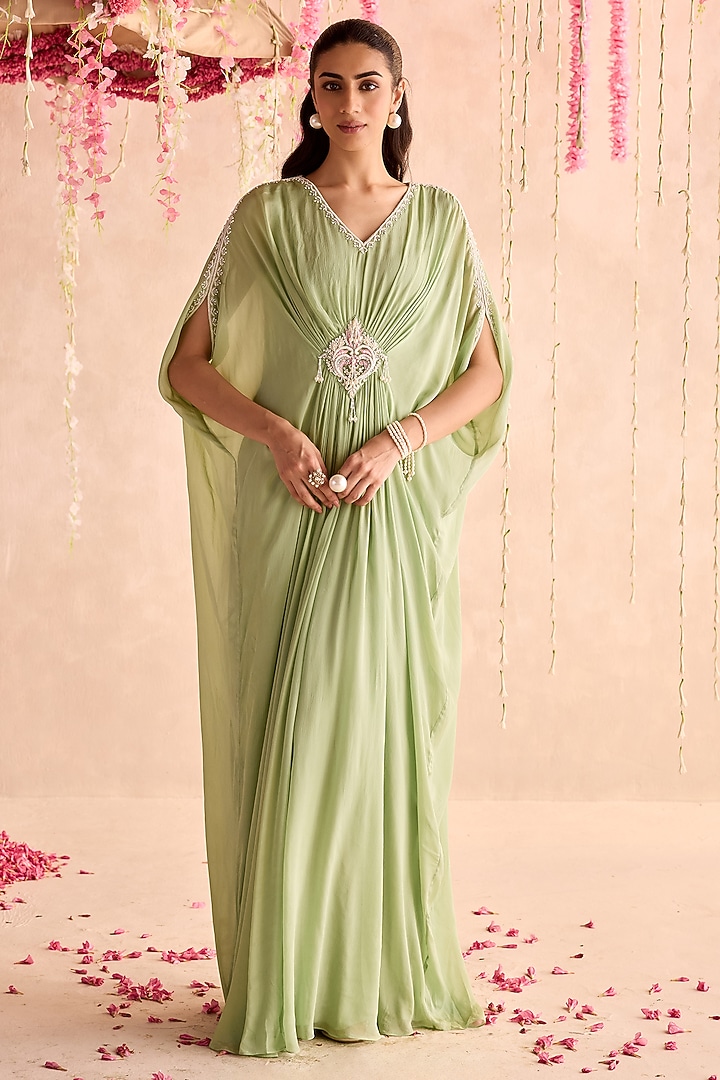 Mint Green Chiffon Hand & Machine Embellished Draped Kaftan by Seema Thukral at Pernia's Pop Up Shop