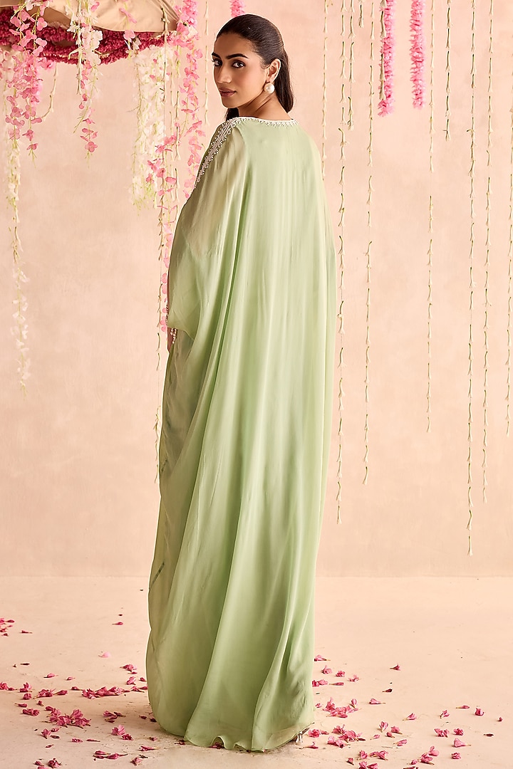 Mint Green Chiffon Hand & Machine Embellished Draped Kaftan by Seema Thukral at Pernia's Pop Up Shop