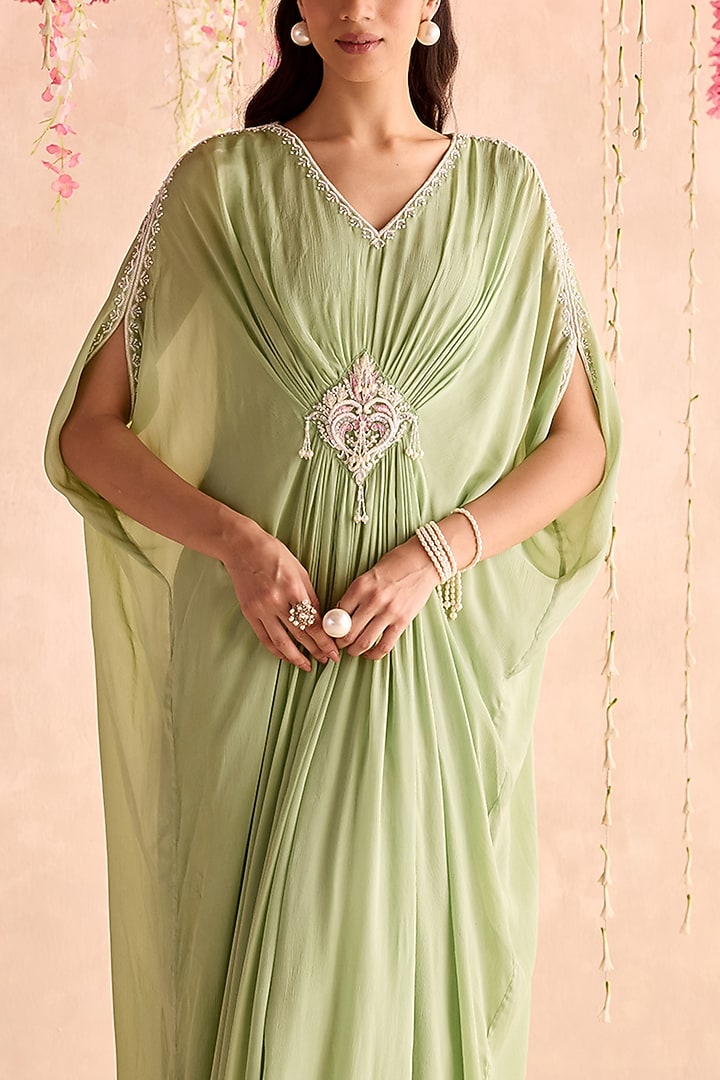 Mint Green Chiffon Hand & Machine Embellished Draped Kaftan by Seema Thukral at Pernia's Pop Up Shop