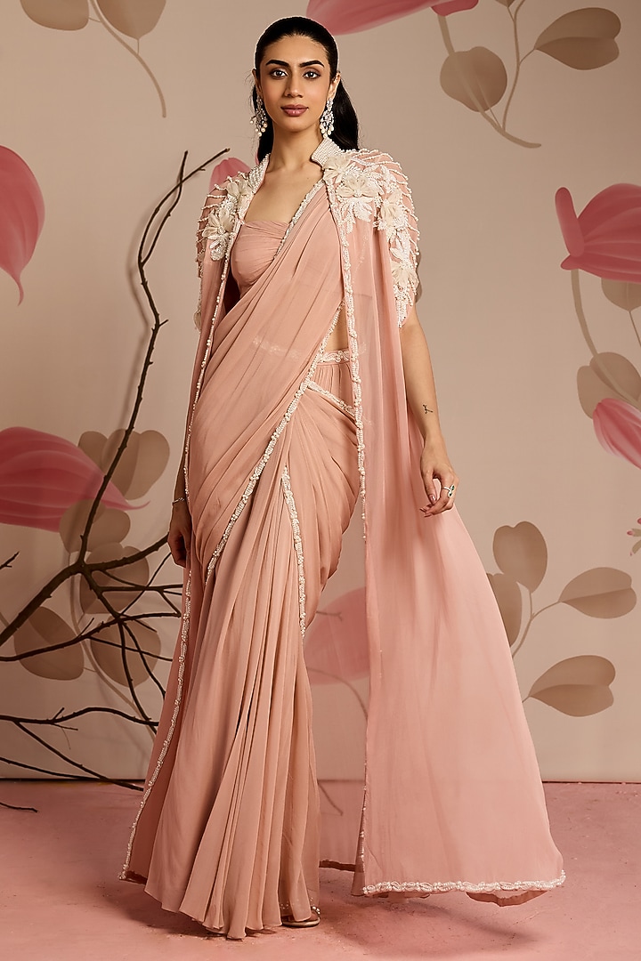 Dusty Pink Georgette Pre-Draped Wedding Saree Set by Seema Thukral at Pernia's Pop Up Shop