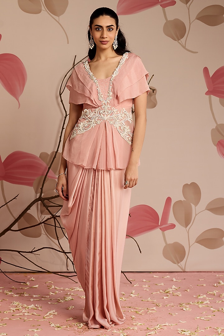 Dusty Pink Satin Draped Skirt Set by Seema Thukral at Pernia's Pop Up Shop