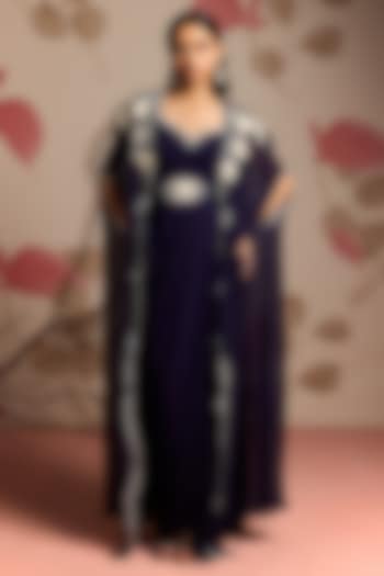 Midnight Blue Georgette Embellished Jacket Draped Wedding Saree Set by Seema Thukral at Pernia's Pop Up Shop