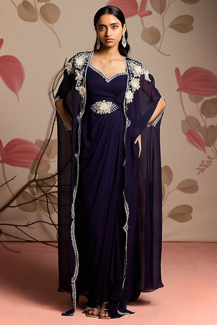 Midnight Blue Georgette Embellished Jacket Draped Wedding Saree Set by Seema Thukral at Pernia's Pop Up Shop