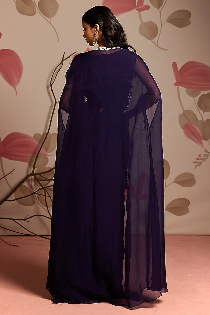 Midnight Blue Georgette Embellished Jacket Draped Wedding Saree Set by Seema Thukral at Pernia's Pop Up Shop