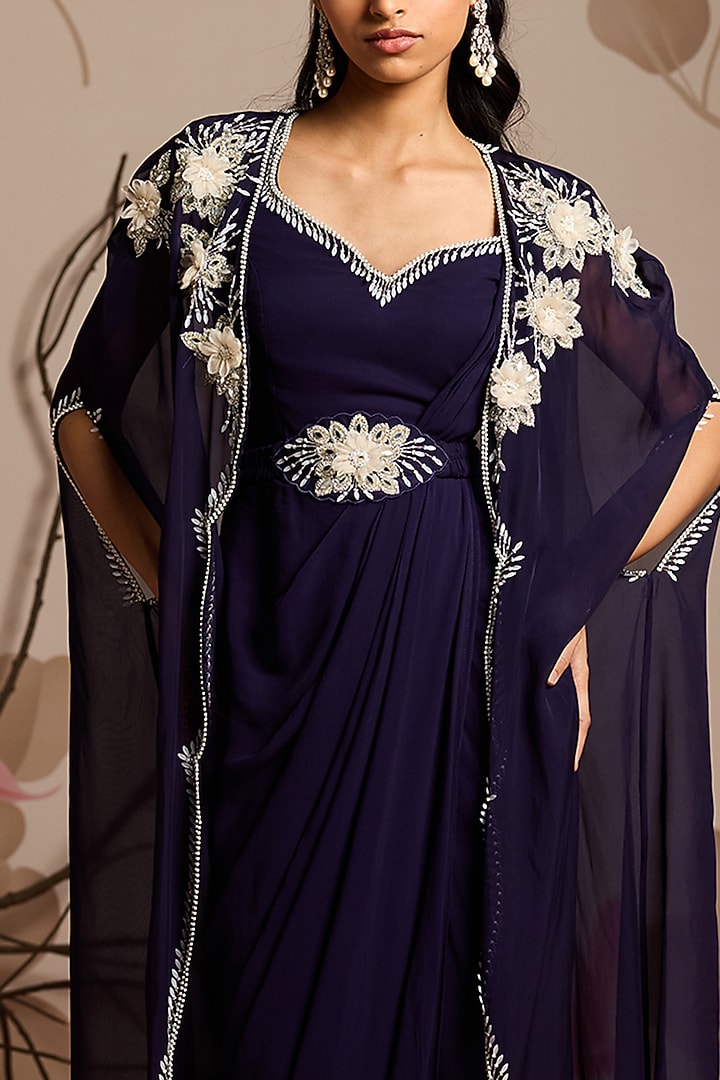 Midnight Blue Georgette Embellished Jacket Draped Wedding Saree Set by Seema Thukral at Pernia's Pop Up Shop