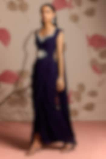 Midnight Blue Georgette Pre-Stitched Party Wear Saree Set by Seema Thukral at Pernia's Pop Up Shop