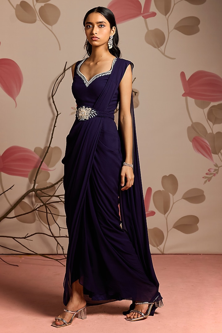 Midnight Blue Georgette Pre-Stitched Party Wear Saree Set by Seema Thukral at Pernia's Pop Up Shop