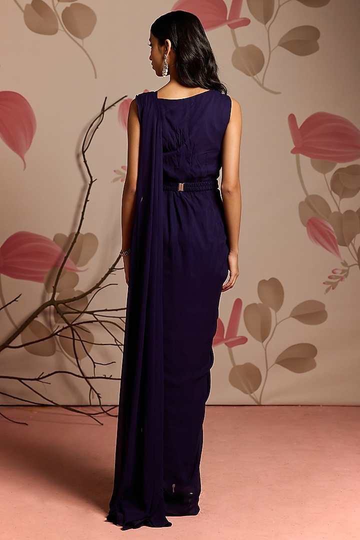 Midnight Blue Georgette Pre-Stitched Party Wear Saree Set by Seema Thukral at Pernia's Pop Up Shop