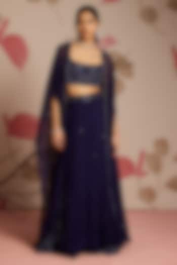 Midnight Blue Organza Hand Embellished Jacket Wedding Lehenga Set by Seema Thukral at Pernia's Pop Up Shop