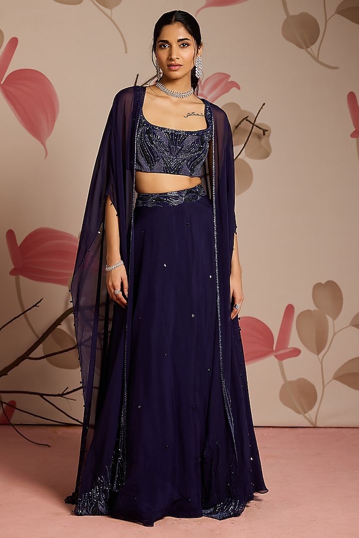 Midnight Blue Organza Hand Embellished Jacket Wedding Lehenga Set by Seema Thukral at Pernia's Pop Up Shop
