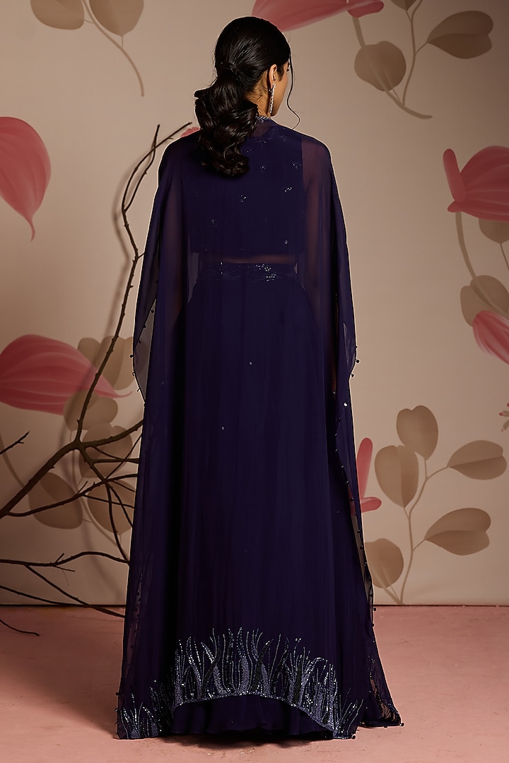 Midnight Blue Organza Hand Embellished Jacket Wedding Lehenga Set by Seema Thukral at Pernia's Pop Up Shop