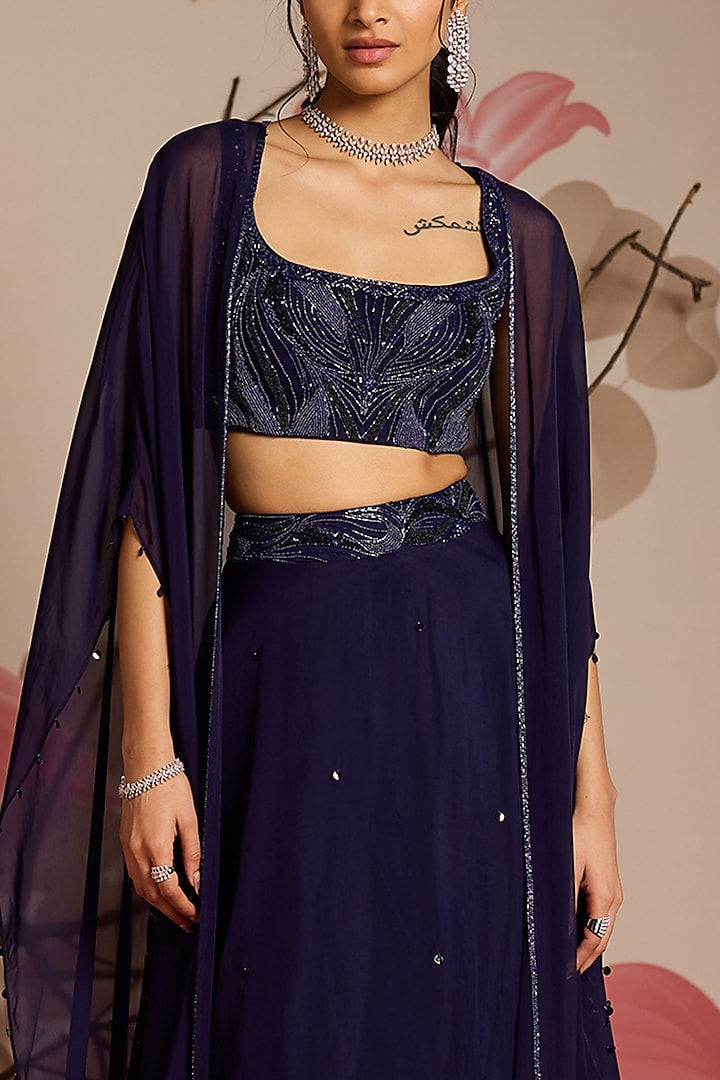Midnight Blue Organza Hand Embellished Jacket Wedding Lehenga Set by Seema Thukral at Pernia's Pop Up Shop