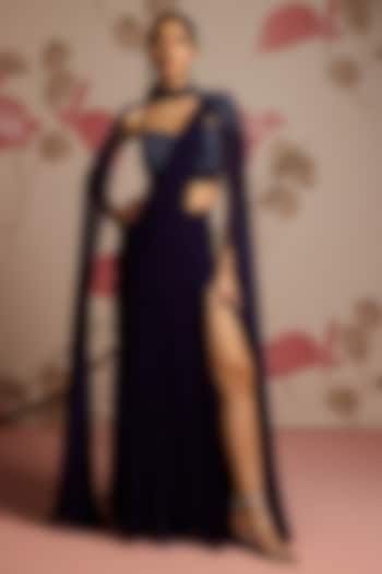 Midnight Blue Georgette Concept Jacket Wedding Saree Set by Seema Thukral at Pernia's Pop Up Shop