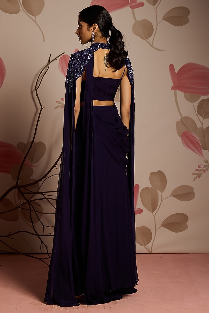 Midnight Blue Georgette Concept Jacket Wedding Saree Set by Seema Thukral at Pernia's Pop Up Shop