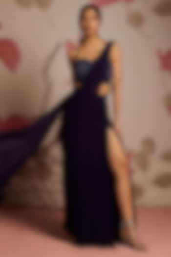 Midnight Blue Georgette Concept Wedding Saree Set by Seema Thukral at Pernia's Pop Up Shop