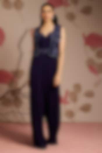 Midnight Blue Georgette Embellished Jumpsuit With Jacket by Seema Thukral at Pernia's Pop Up Shop