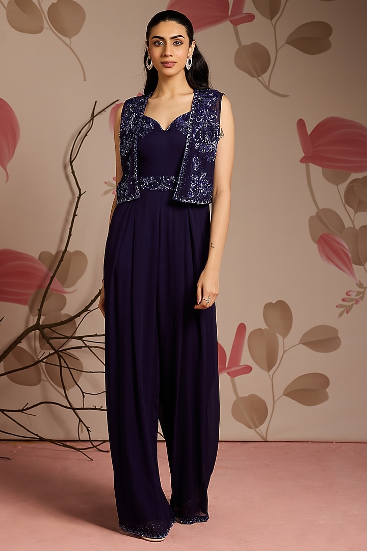Midnight Blue Georgette Embellished Jumpsuit With Jacket by Seema Thukral at Pernia's Pop Up Shop