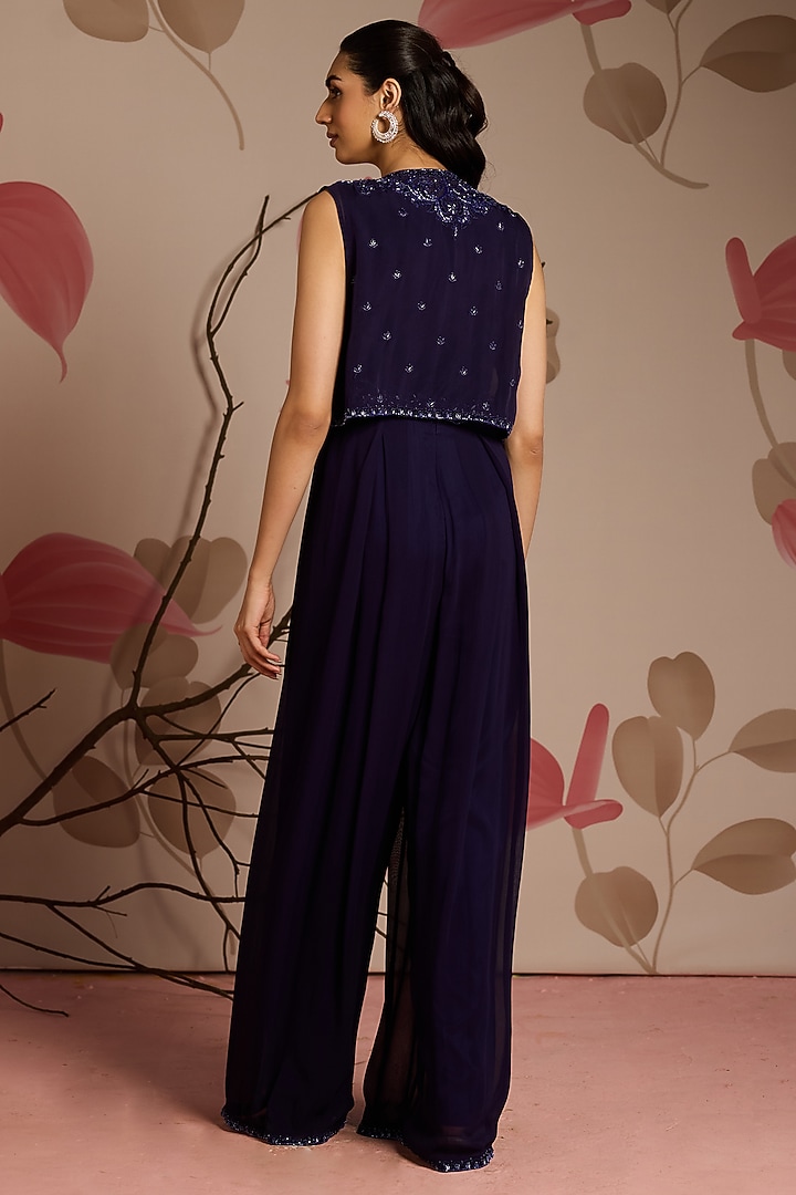 Midnight Blue Georgette Embellished Jumpsuit With Jacket by Seema Thukral at Pernia's Pop Up Shop