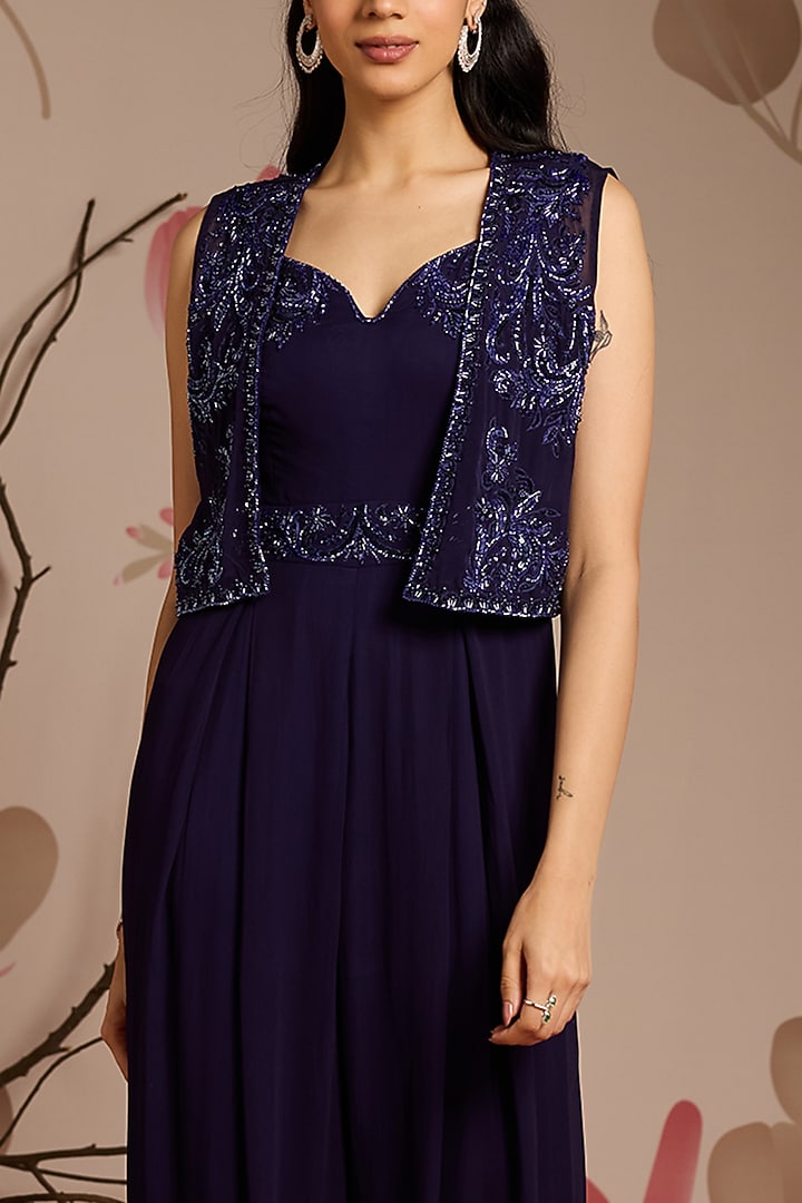 Midnight Blue Georgette Embellished Jumpsuit With Jacket by Seema Thukral at Pernia's Pop Up Shop