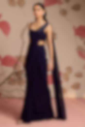 Midnight Blue Georgette Embellished Pre-Draped Party Wear Saree Set by Seema Thukral at Pernia's Pop Up Shop