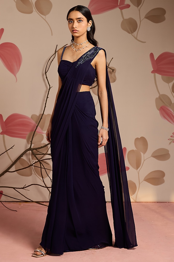 Midnight Blue Georgette Embellished Pre-Draped Party Wear Saree Set by Seema Thukral at Pernia's Pop Up Shop