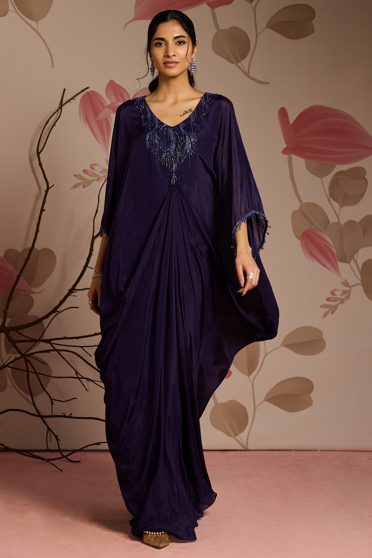 Midnight Blue Chiffon Draped Kaftan by Seema Thukral at Pernia's Pop Up Shop