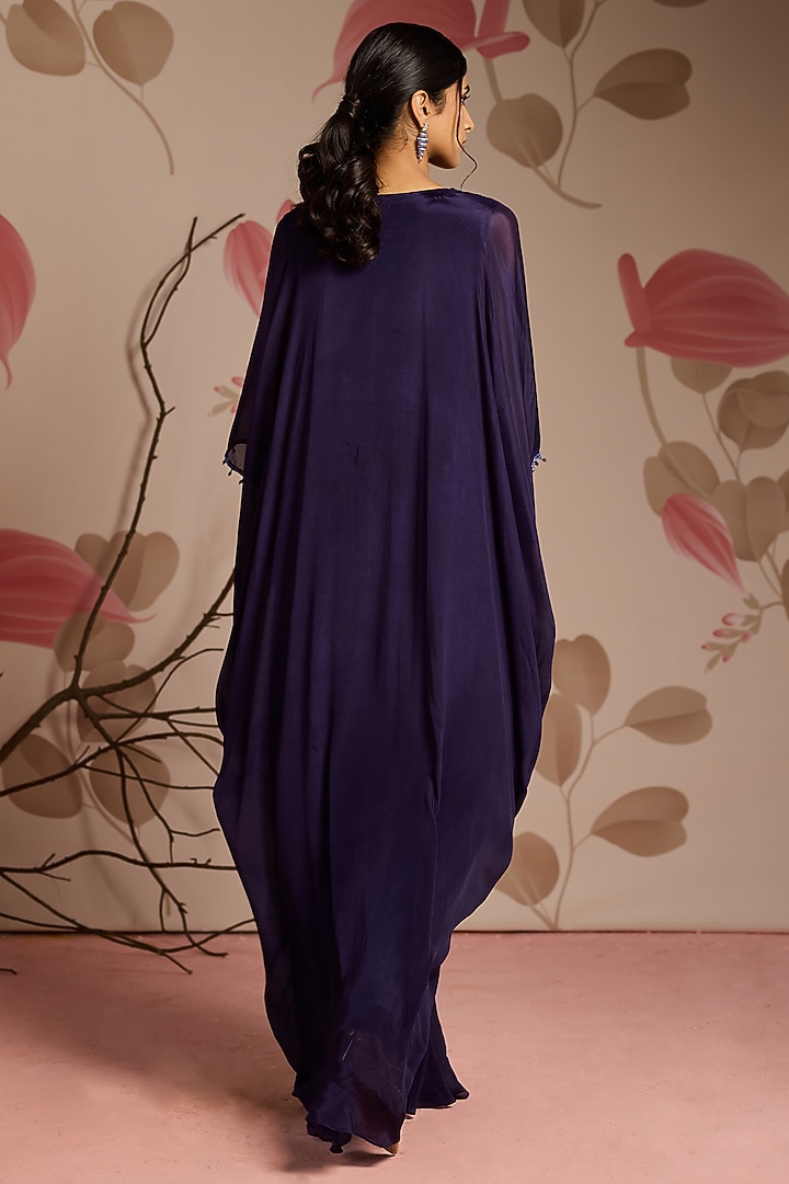 Midnight Blue Chiffon Draped Kaftan by Seema Thukral at Pernia's Pop Up Shop