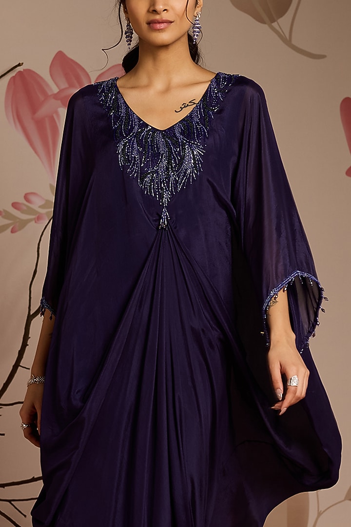 Midnight Blue Chiffon Draped Kaftan by Seema Thukral at Pernia's Pop Up Shop