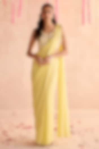 Lemon Yellow Georgette Pre-Draped Wedding Saree Set by Seema Thukral at Pernia's Pop Up Shop