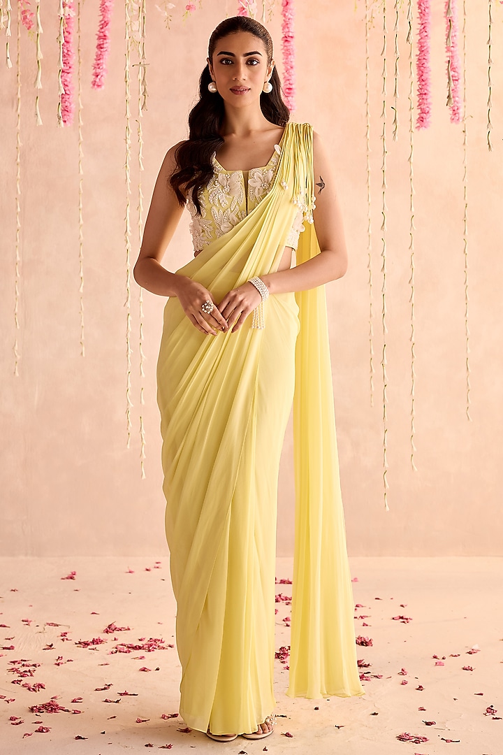 Lemon Yellow Georgette Pre-Draped Wedding Saree Set by Seema Thukral at Pernia's Pop Up Shop