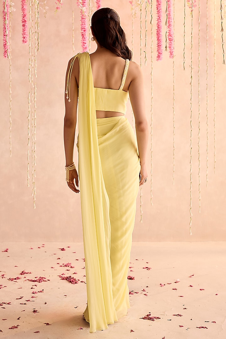 Lemon Yellow Georgette Pre-Draped Wedding Saree Set by Seema Thukral at Pernia's Pop Up Shop
